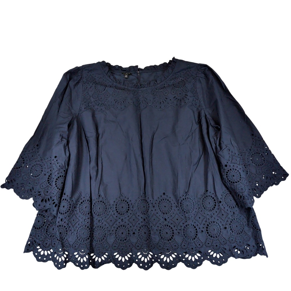 Talbots Plus Navy Blue Cotton Eyelet Embroidered Ruffle Neck Blouse 3X